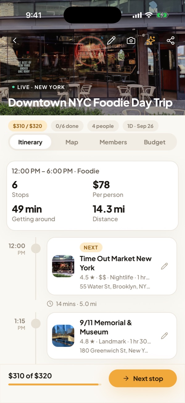 Gala's itinerary screen: a six-stop foodie day trip with the cost per person, travel time and a timeline of stops.